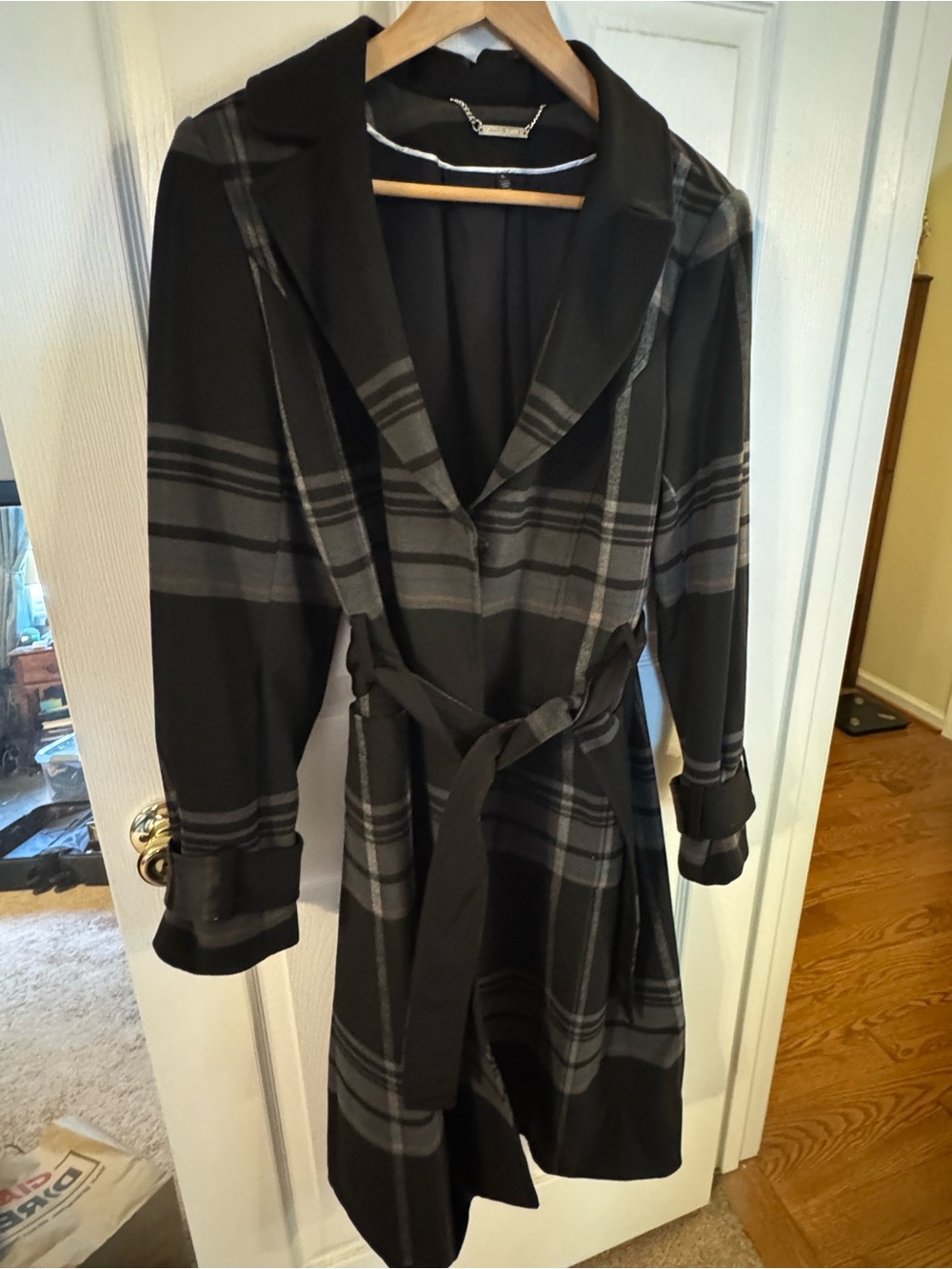 White House Black Market Black & Gray Plaid Wrap Trench Coat